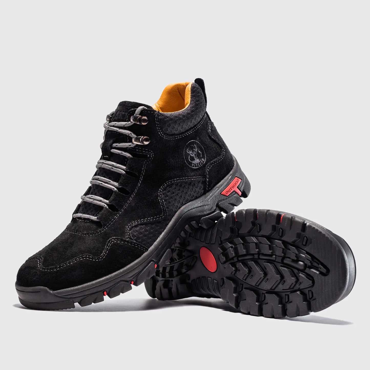 Angled view highlighting the black suede texture and mesh panels of these men's sneaker boots.