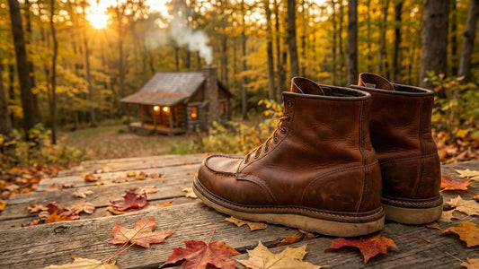 A pair of well-worn heritage brown leather Moc Toe boots resting on a wooden deck with autumn leaves, set against a rustic cabin at sunset.