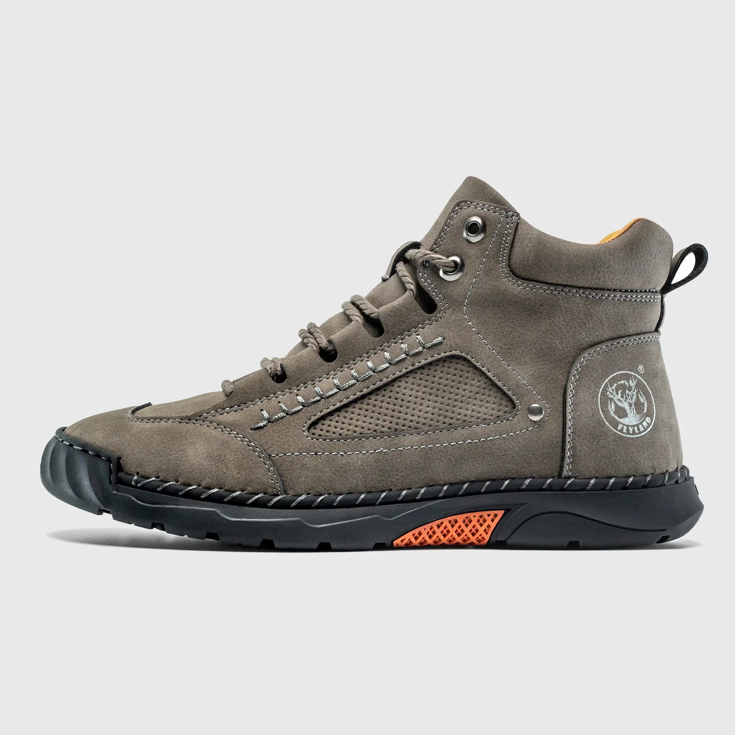 Flyland men's ankle boots in gray. Side profile highlighting the suede-like texture and classic plain toe design.