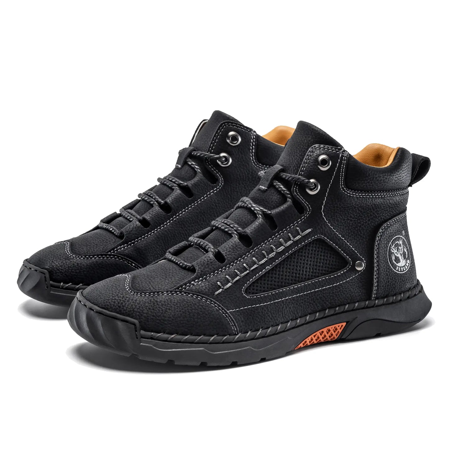 A pair of Flyland men's ankle boots in black. Classic high top lace up style that pairs perfectly with jeans.