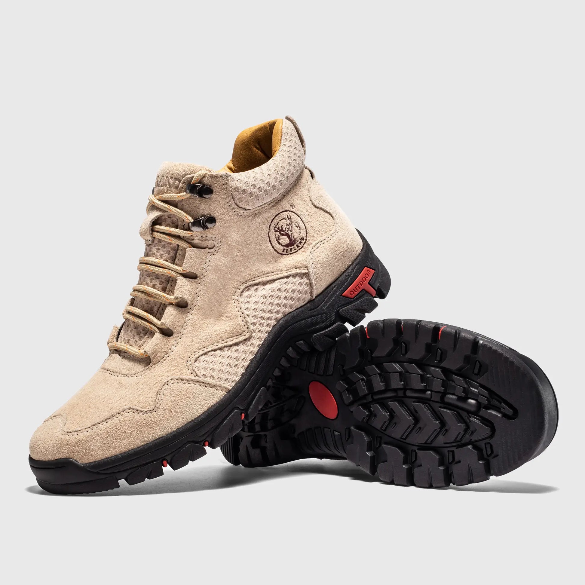 Angled view highlighting the real suede texture and mesh panels of these summer boots in beige.