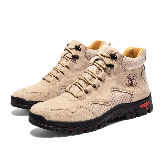 A pair of Flyland men's beige sneaker boots, combining the style of casual boots for men with lightweight comfort.