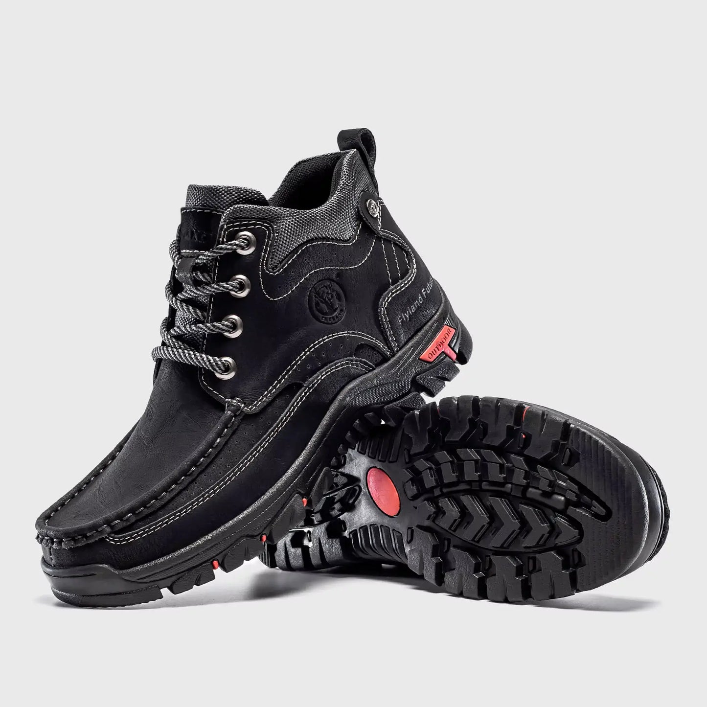 Non-slip rubber outsole traction of Flyland Land2511 black boots, suitable for work environments.