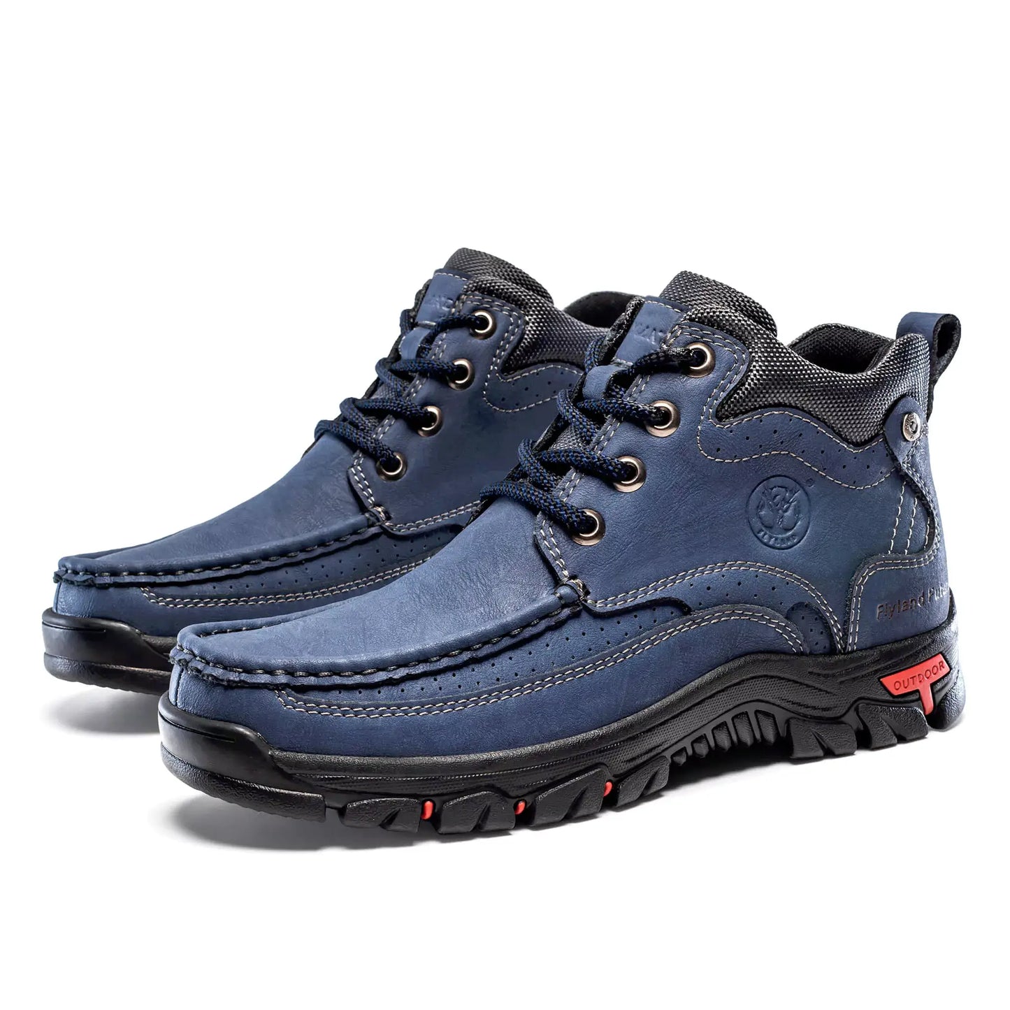 A pair of Flyland men's blue leather ankle boots Land2511 with a stylish rugged design.