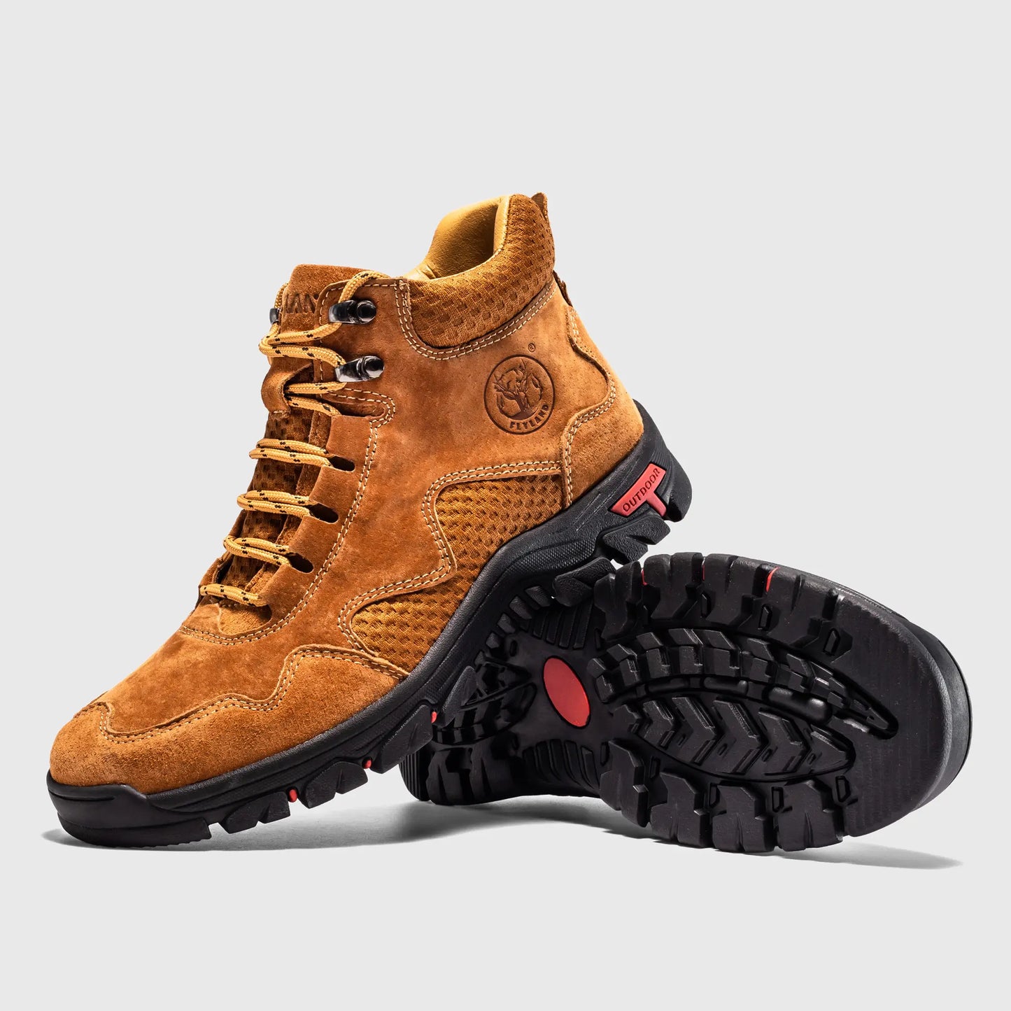 Angled view highlighting the rich camel suede texture and metal eyelets of these men's sneaker boots.