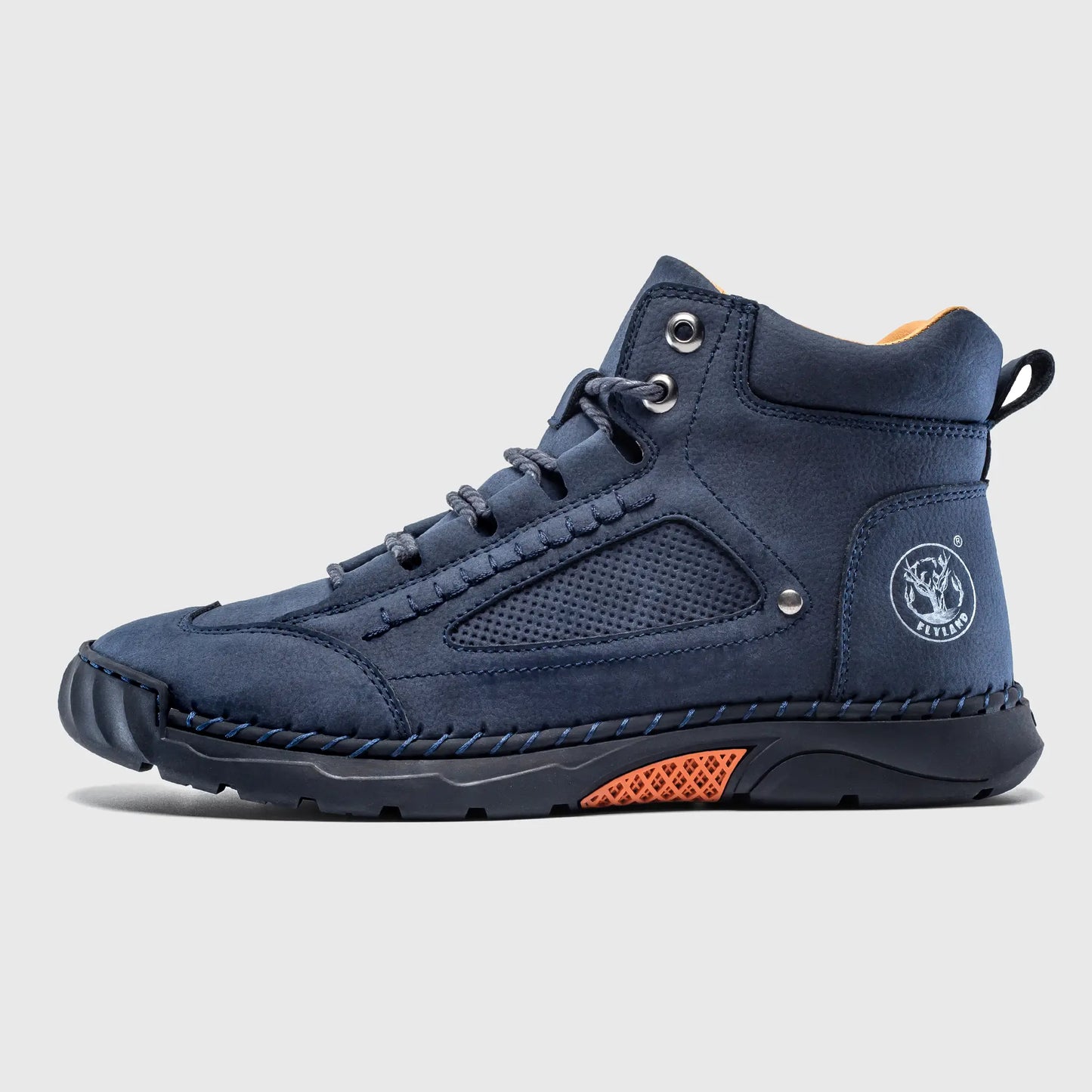 Flyland men's casual boots in blue. Side profile highlighting the distinct hand-sewn details and plain toe design.