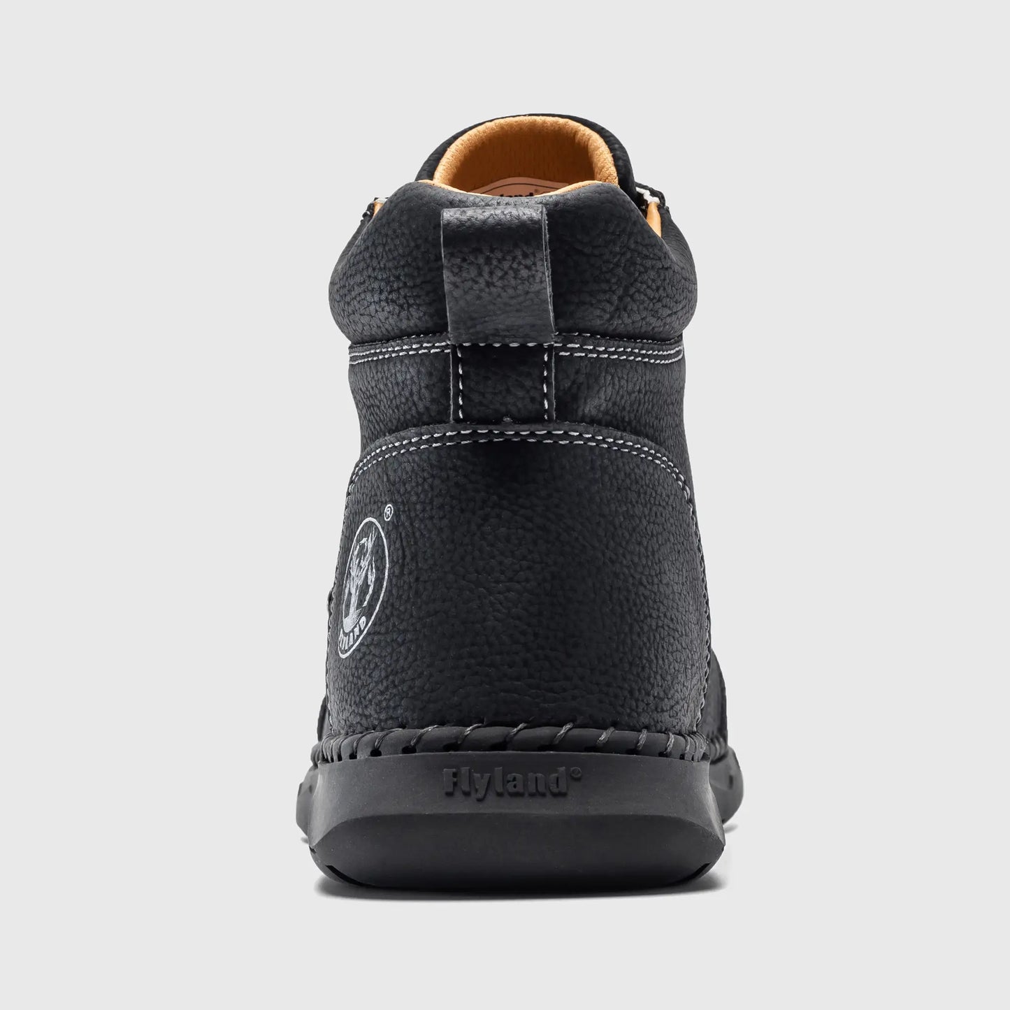 Back view of Flyland men's casual boots in black, showing the reinforced heel support and embossed brand logo.