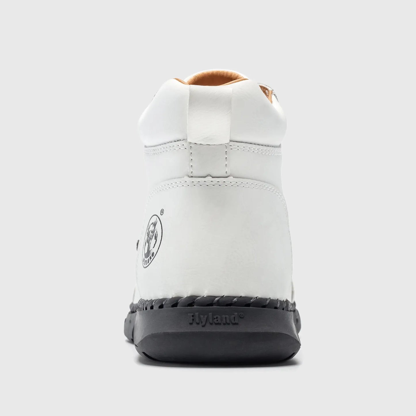 Back view of Flyland men's casual boots in white, featuring reinforced heel support and the embossed brand logo.