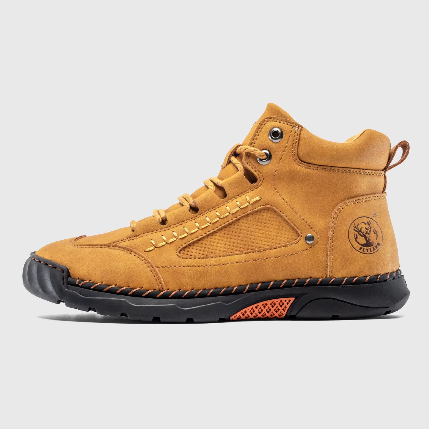 Flyland men's casual boots in wheat yellow color. Classic side profile highlighting the hand-stitched craft.
