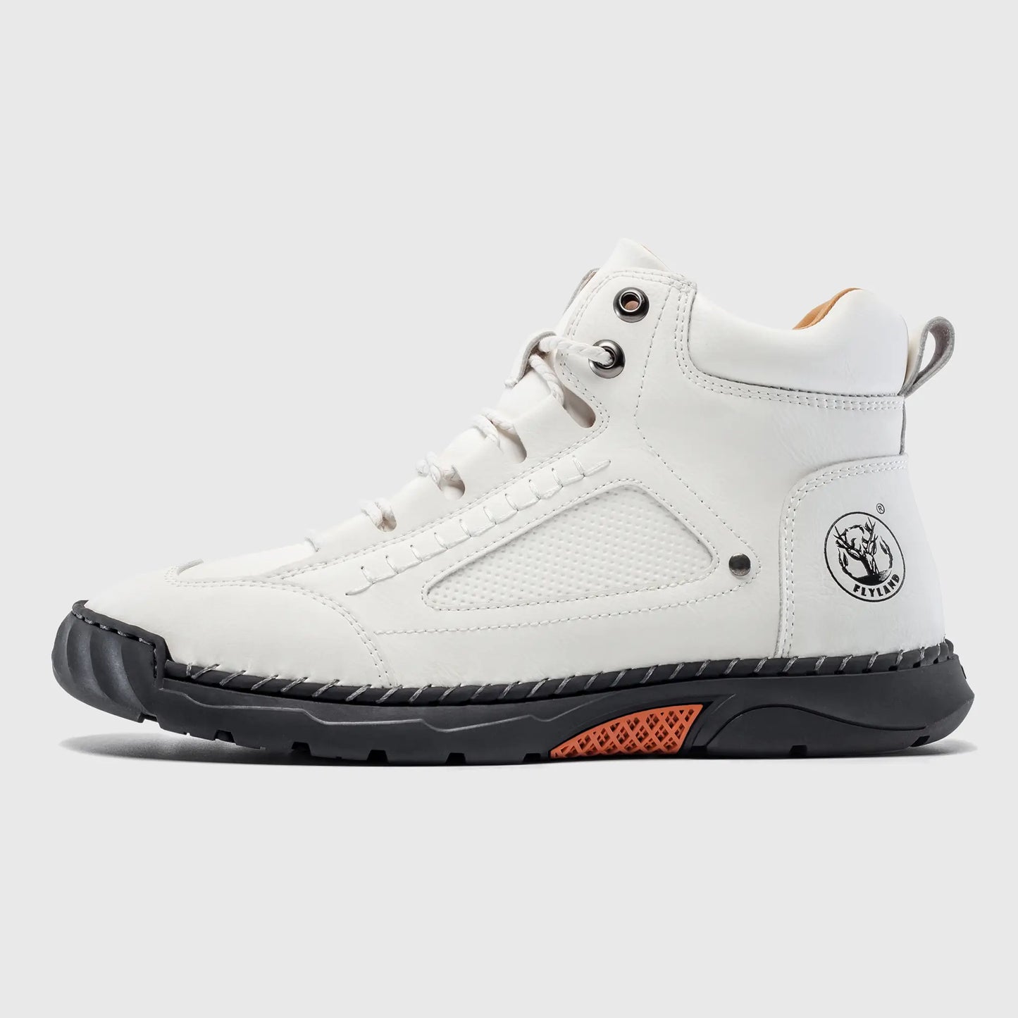 Flyland men's casual boots in white. Side profile showing the clean plain toe design and contrasting black sole.