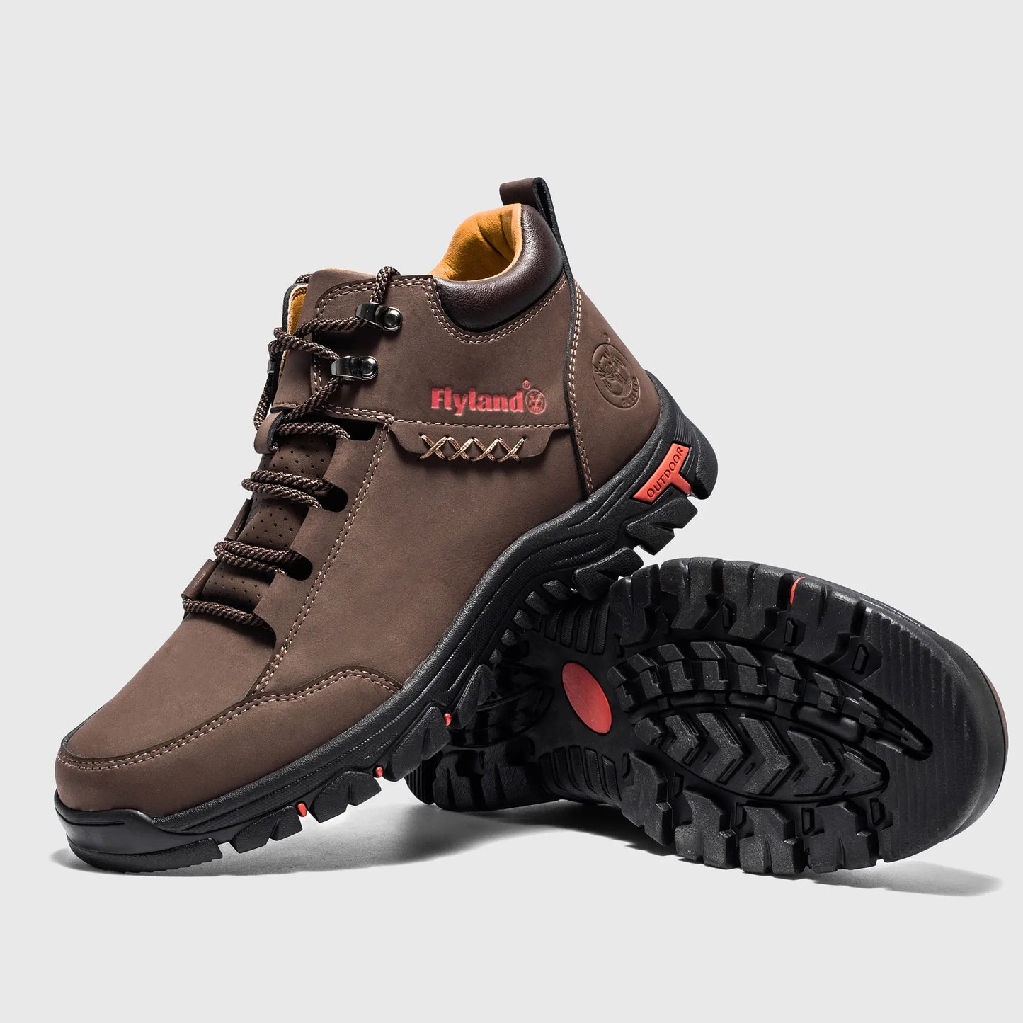 Angled view of Flyland coffee brown boots Land7728 highlighting the easy-to-clean plain toe design.