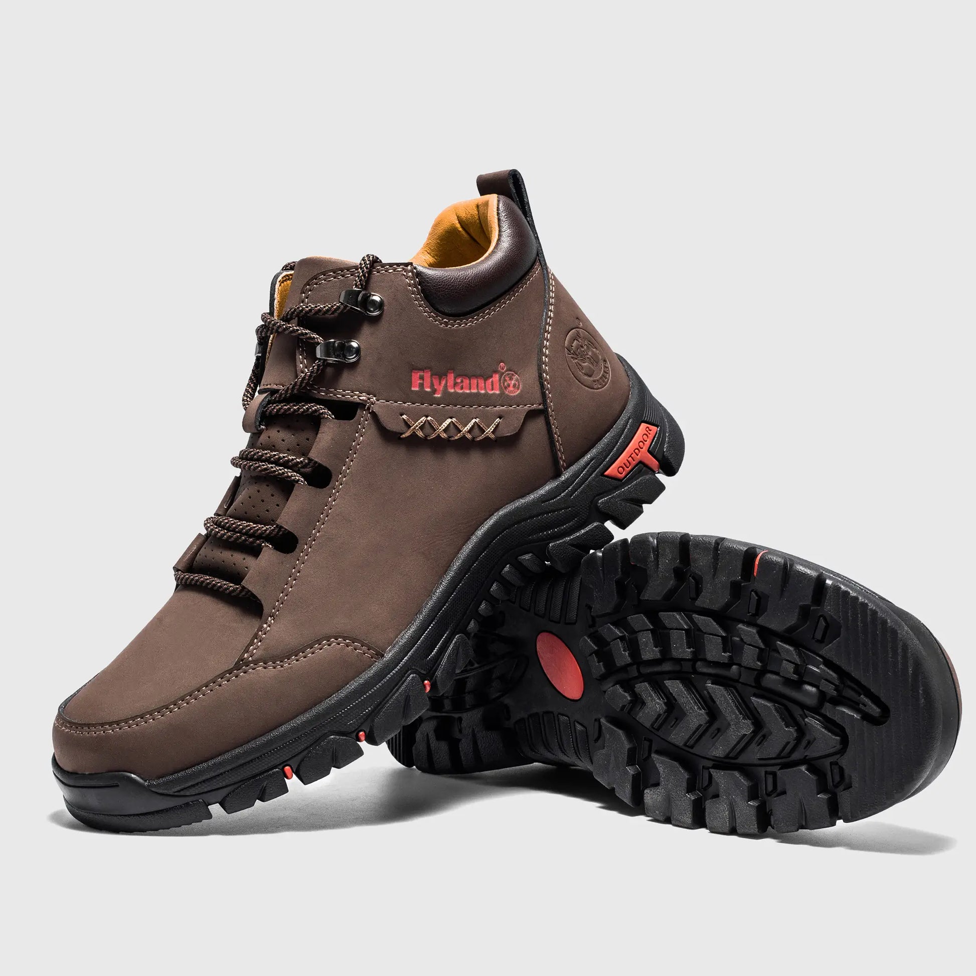 Angled view of Flyland coffee brown boots Land7728 highlighting the easy-to-clean plain toe design.