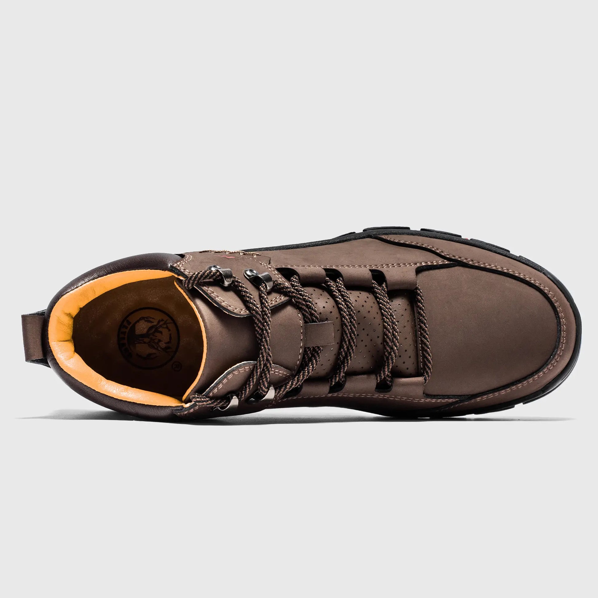 Top down view of Flyland coffee boots showing the padded collar and durable construction for outdoor walking.