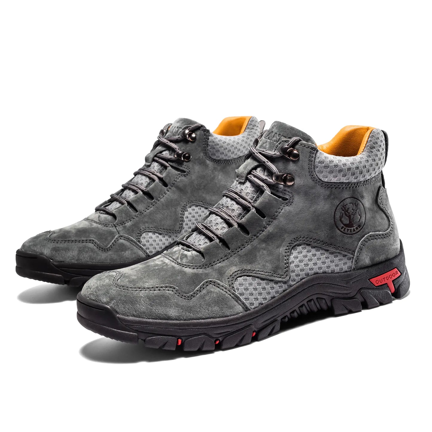 A pair of Flyland men's gray sneaker boots, designed as casual boots for men with a modern charcoal gray finish.