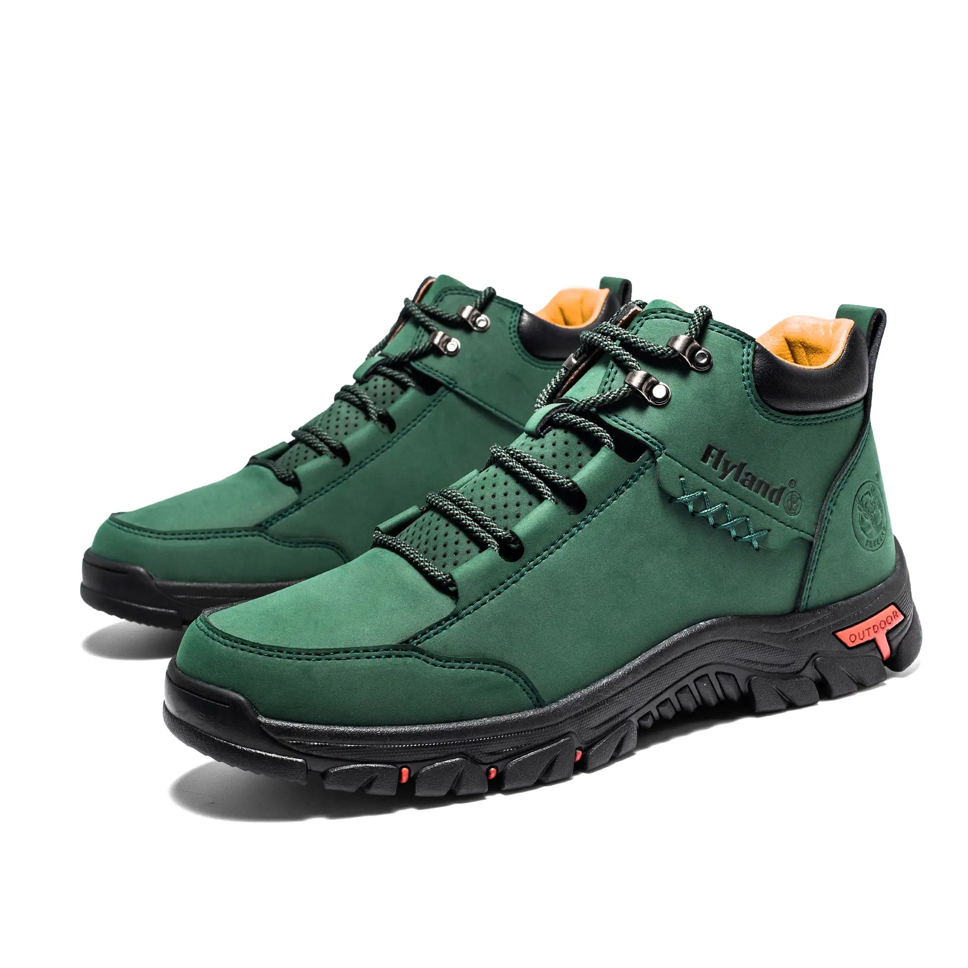 A pair of Flyland men's army green walking boots Land7728 for casual outdoor activities and camping.