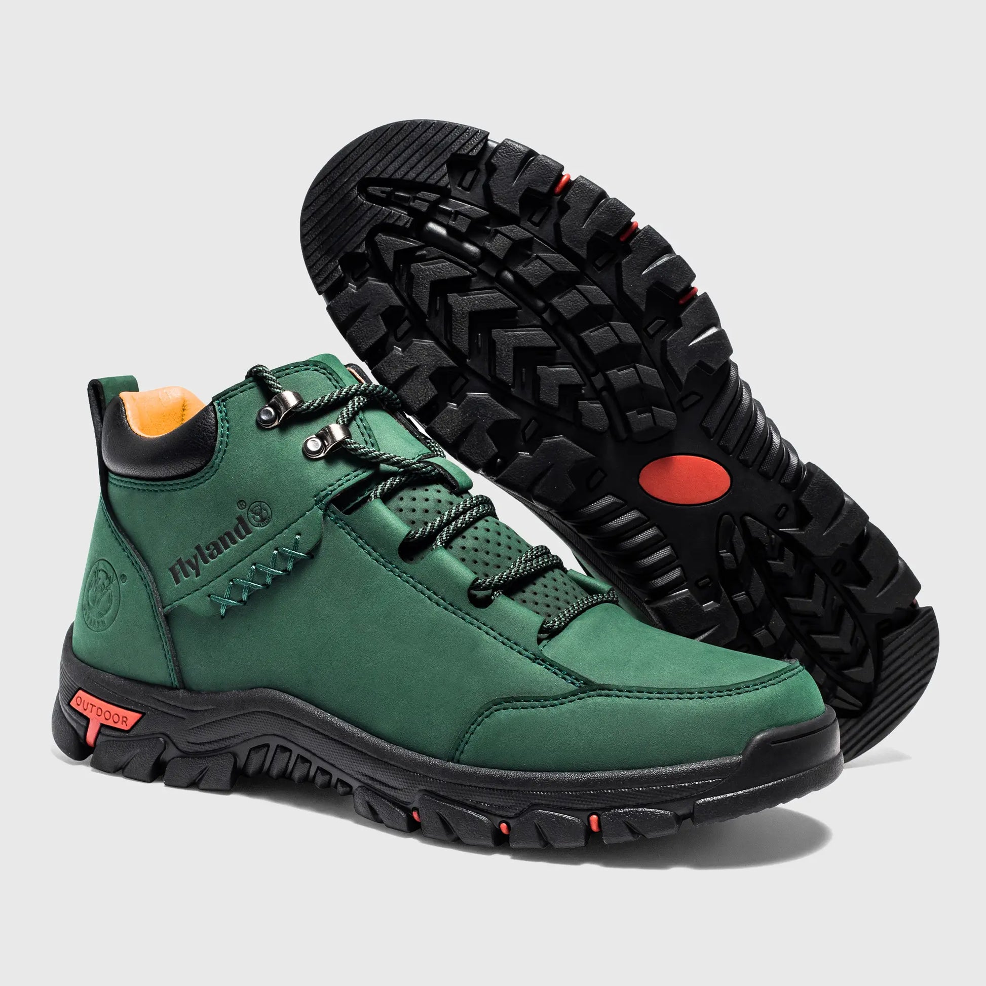 Durable rubber outsole of Flyland green walking boots Land7728 providing traction for trail walking.
