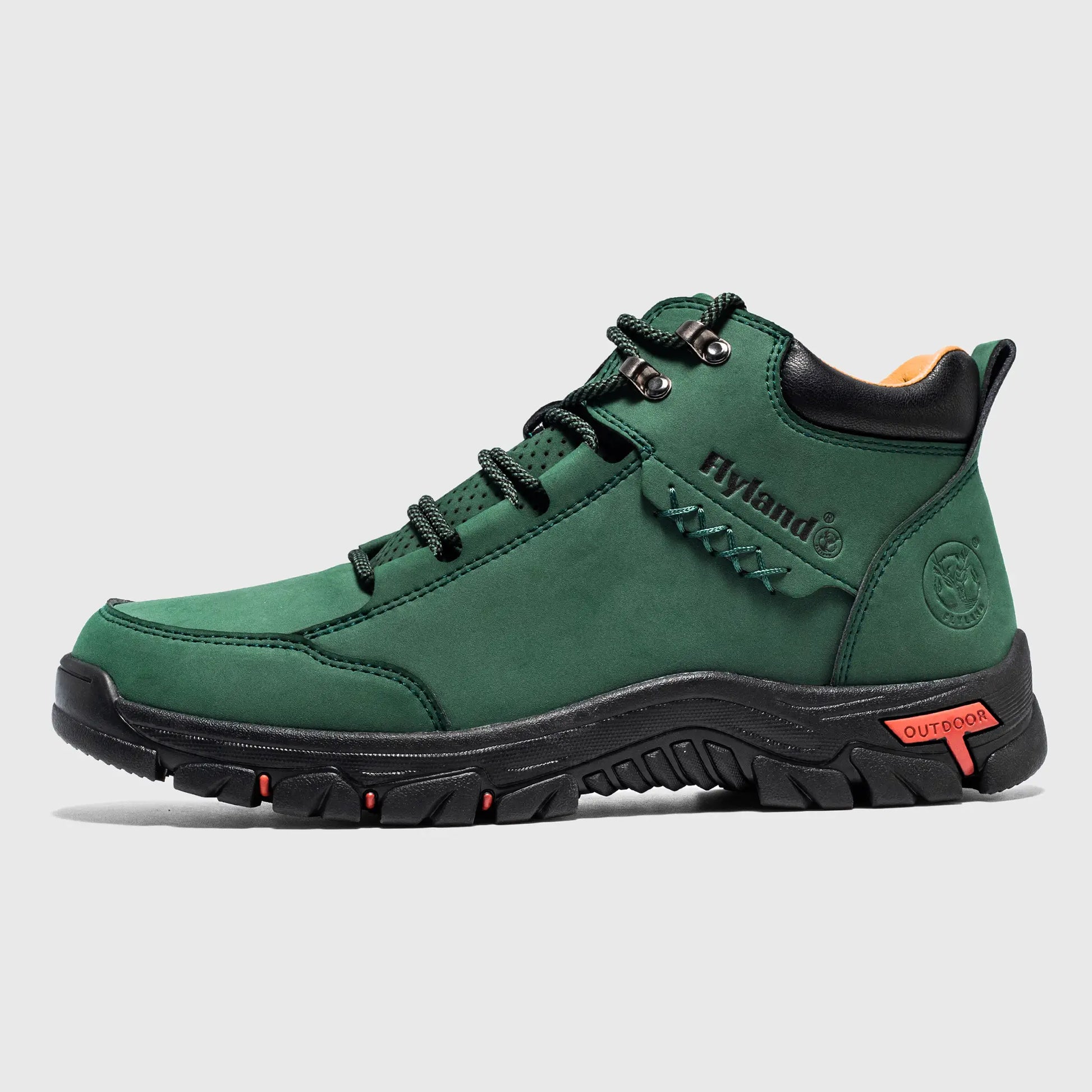 Side profile view of Flyland green outdoor walking boots Land7728, featuring a rugged hiking style design.