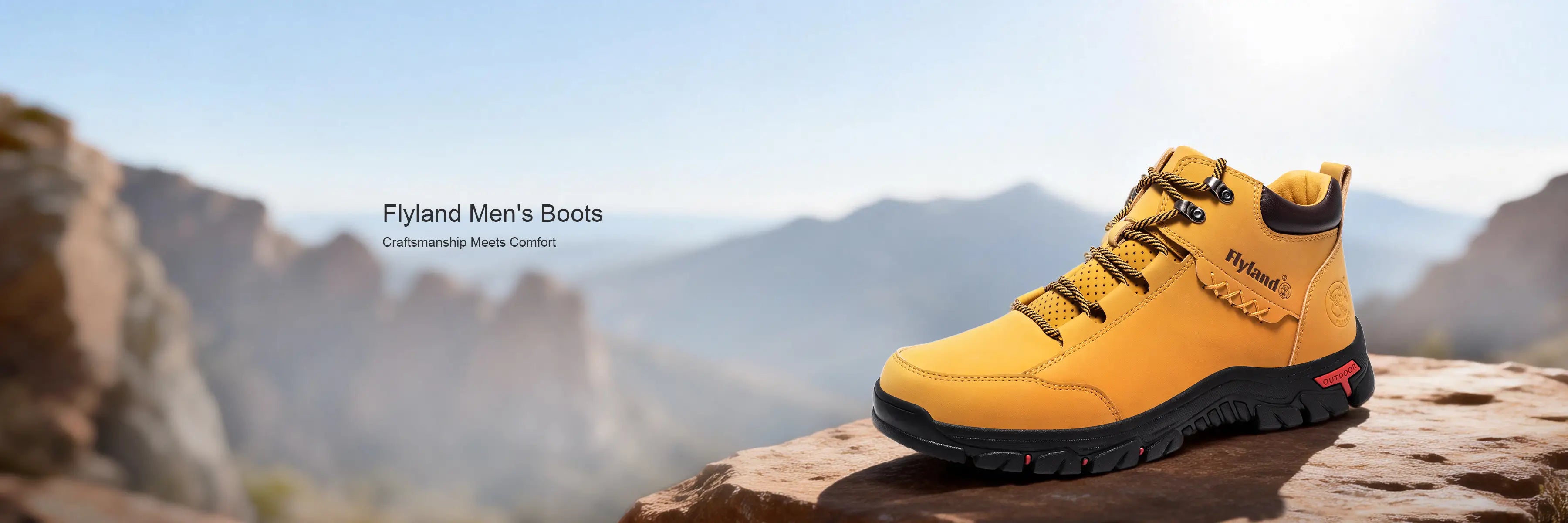 Flyland handmade men's moc toe walking boots in classic yellow. Featuring a comfortable outdoor design, displayed against a sunny mountain canyon background.
