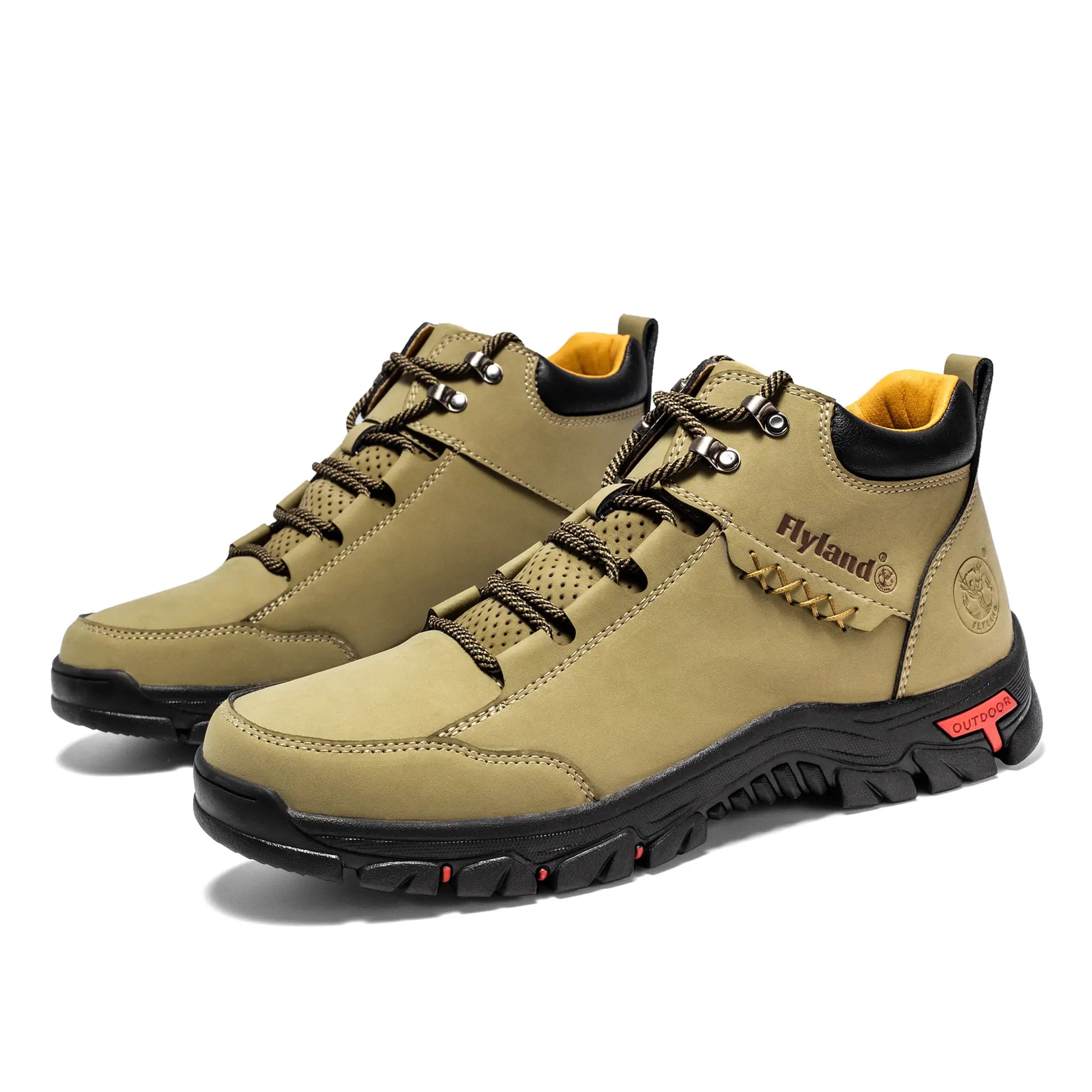 A pair of Flyland men's sand color walking boots Land7728, perfect for casual outdoor hiking style.