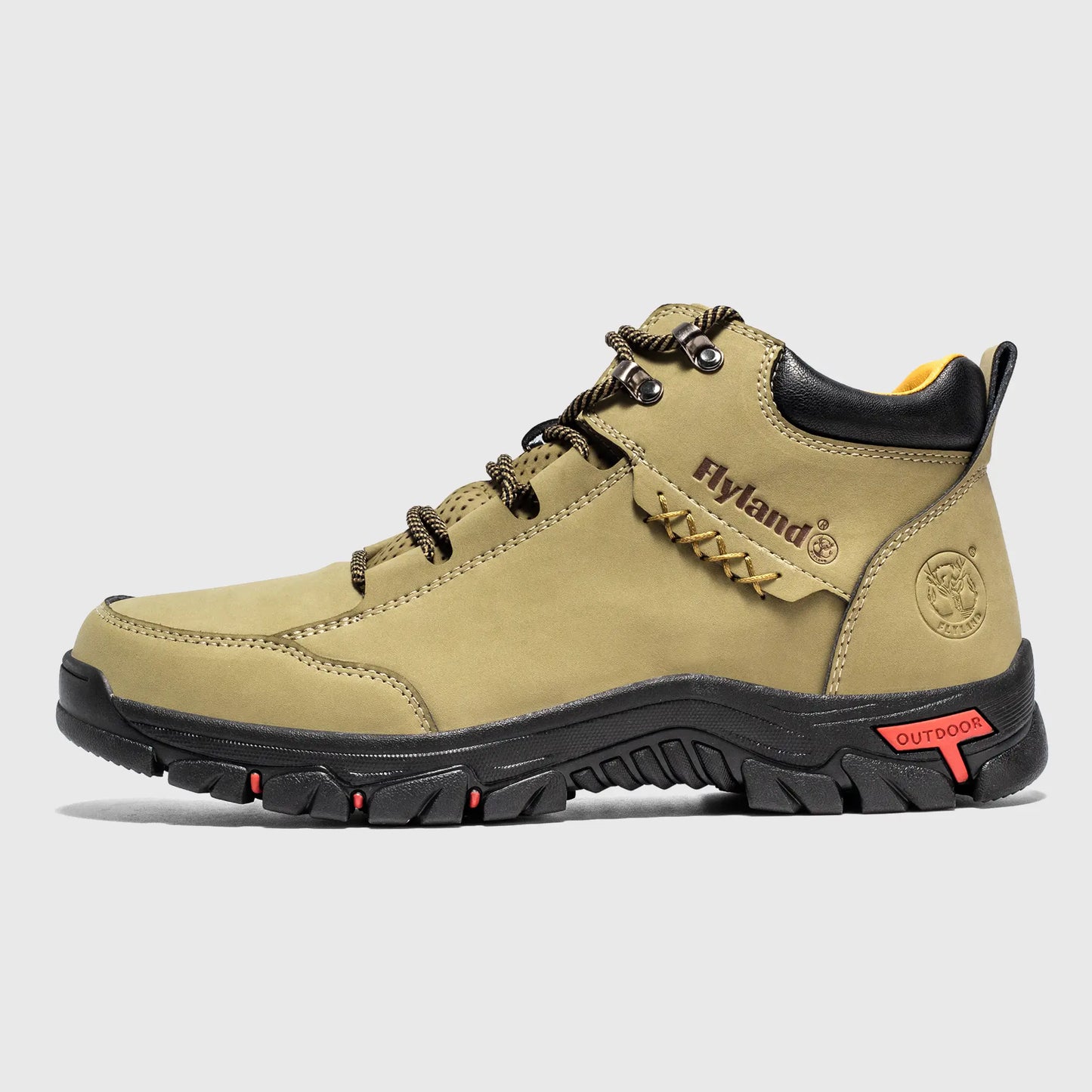 Side profile view of Flyland khaki lightweight trail boots Land7728, featuring a breathable design for summer walking.