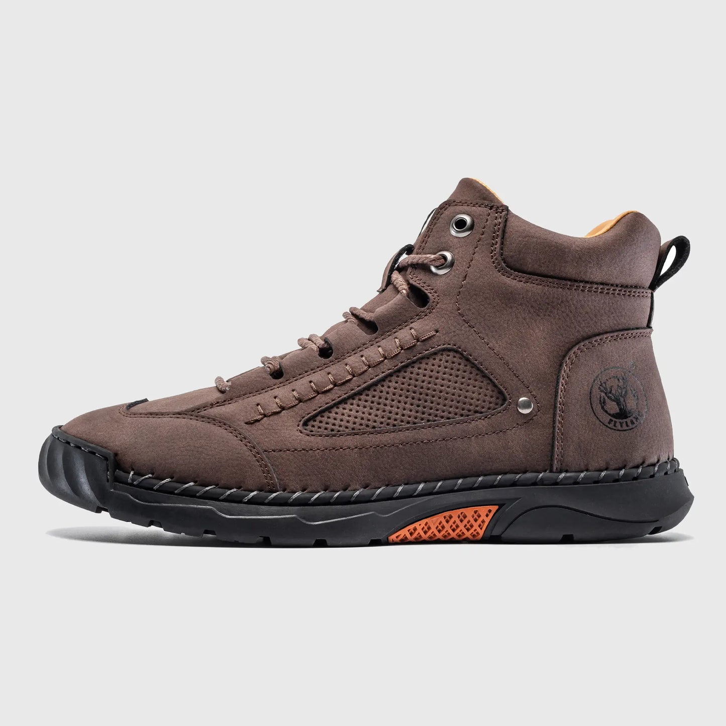 Flyland men's lace up boots in dark brown. Side profile highlighting the rugged hand-stitched details and classic design.