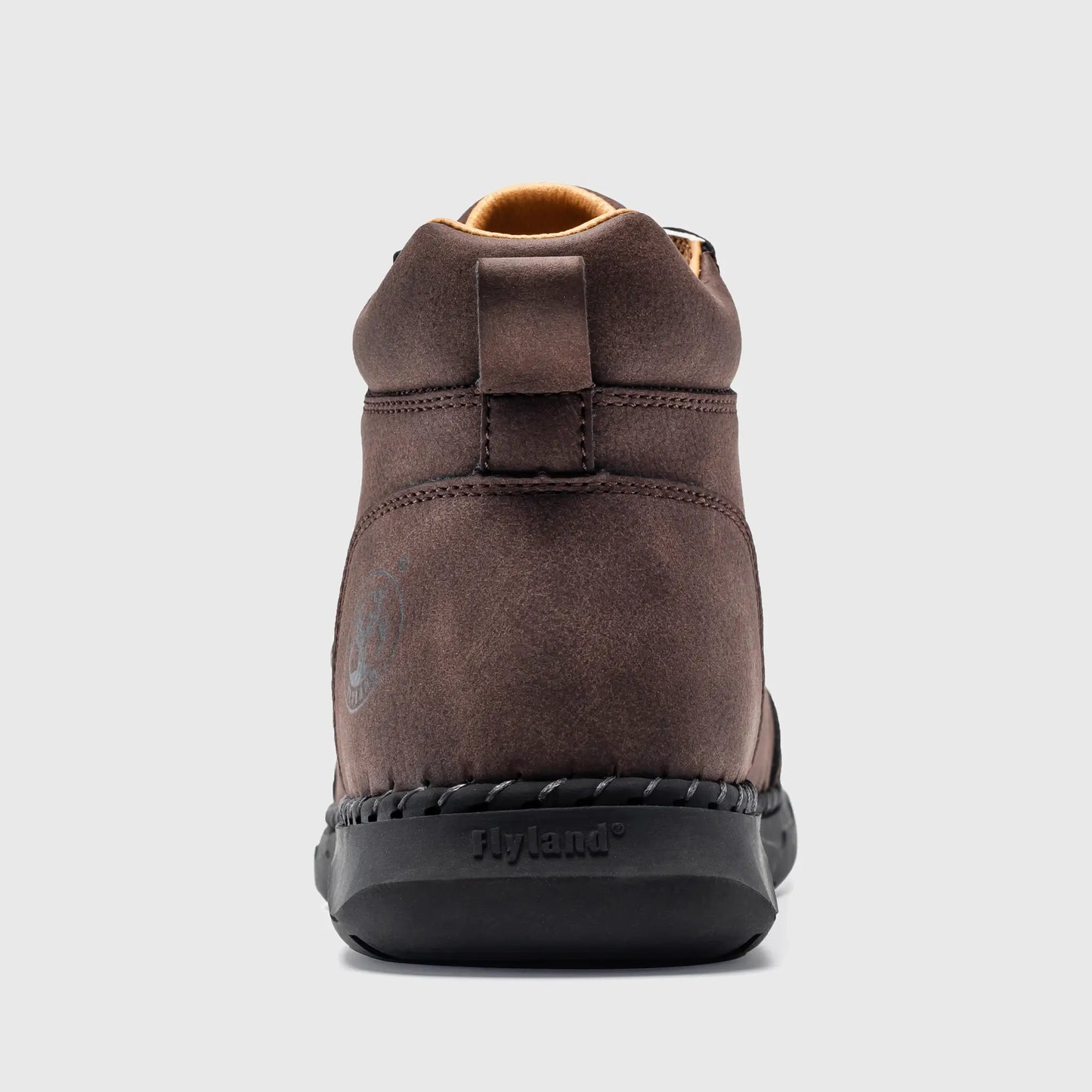 Back view of Flyland men's lace up boots in dark brown, showing the reinforced heel support and embossed brand logo.
