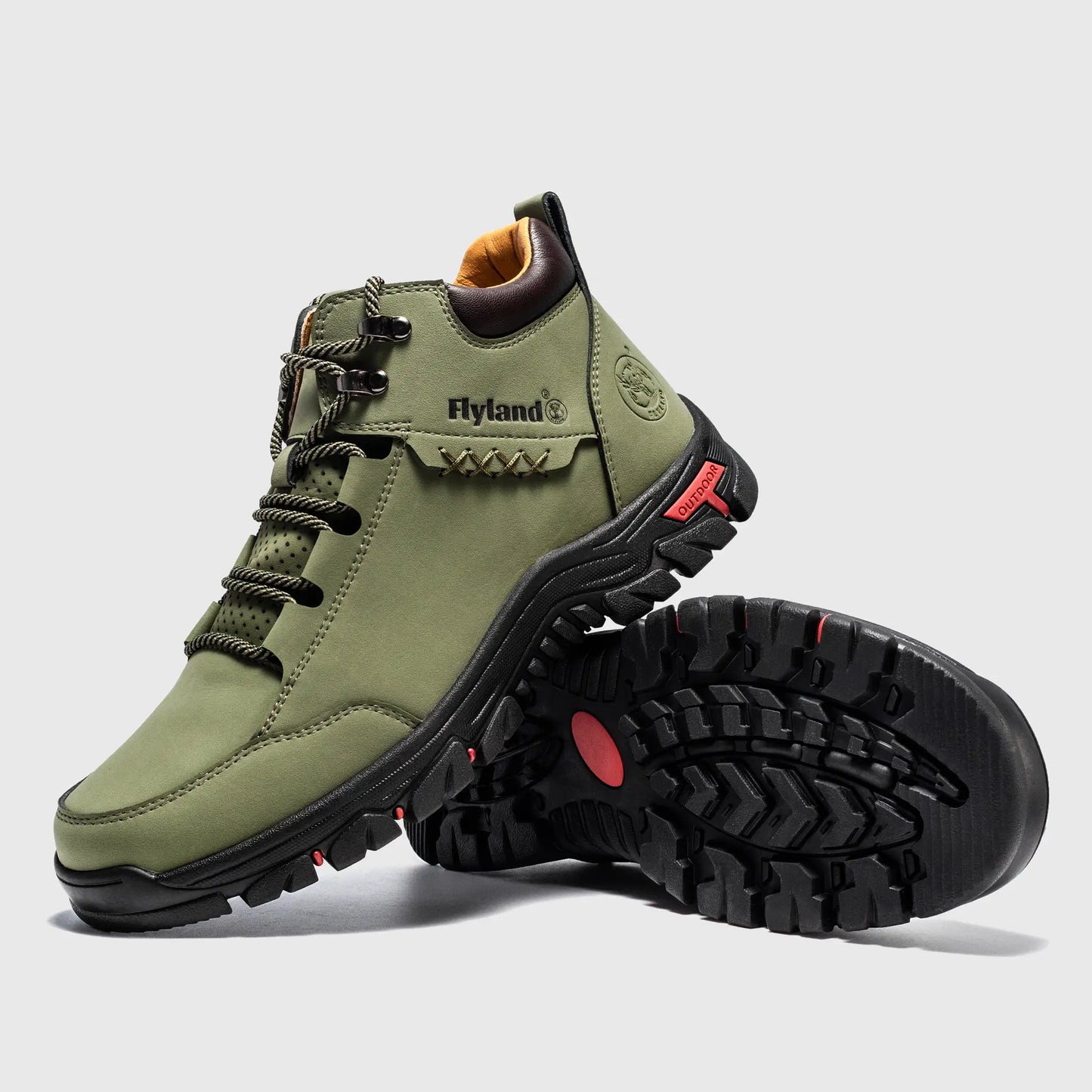 Detailed side view highlighting the modern sole design and metal D-ring eyelets of Flyland sage gray men's boots.