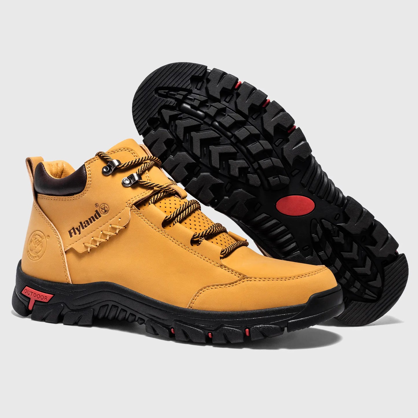 Durable outdoor rubber sole of Flyland wheat walking boots Land7728 providing non-slip traction on urban surfaces.