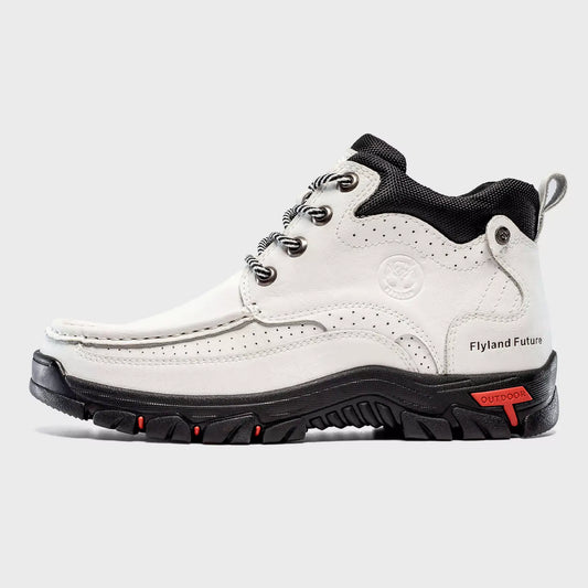 Side profile view of Flyland white casual moc toe boots, model Land2511, showing classic stitching.