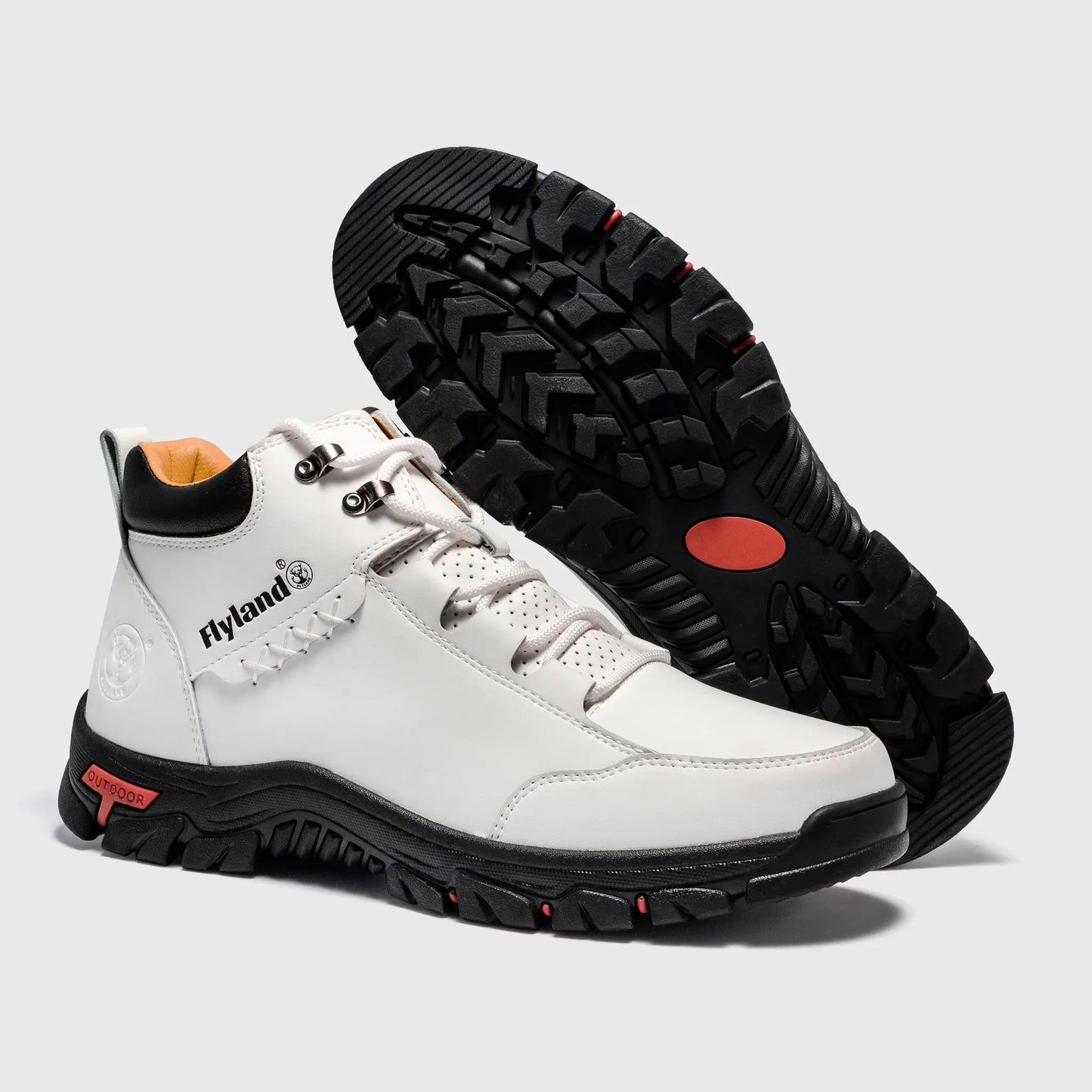 Contrast black rubber outsole of Flyland white sneaker boots Land7728, providing non-slip traction on city streets.