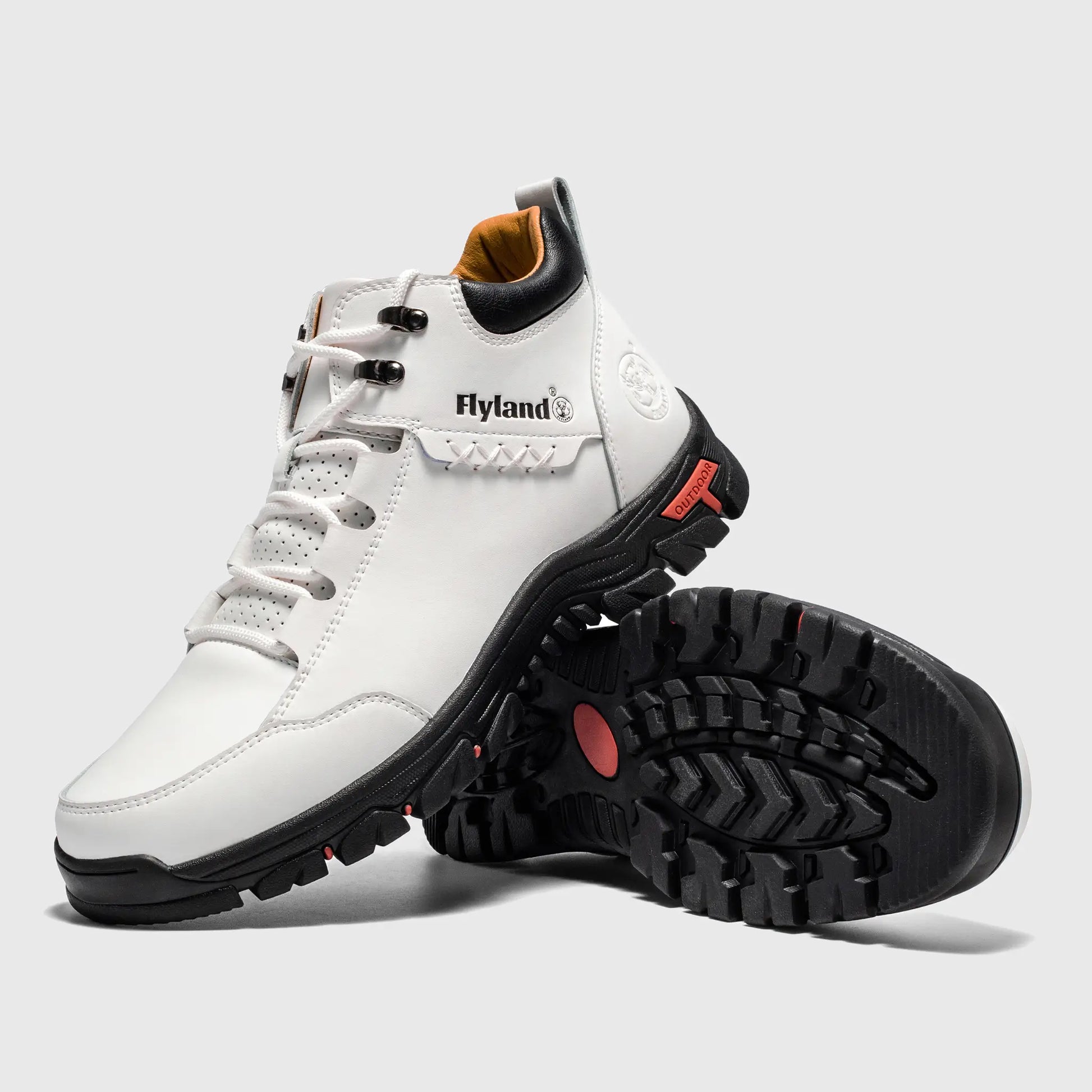 Angled view of Flyland white fashion boots Land7728 highlighting the clean plain toe design and metal D-ring eyelets.