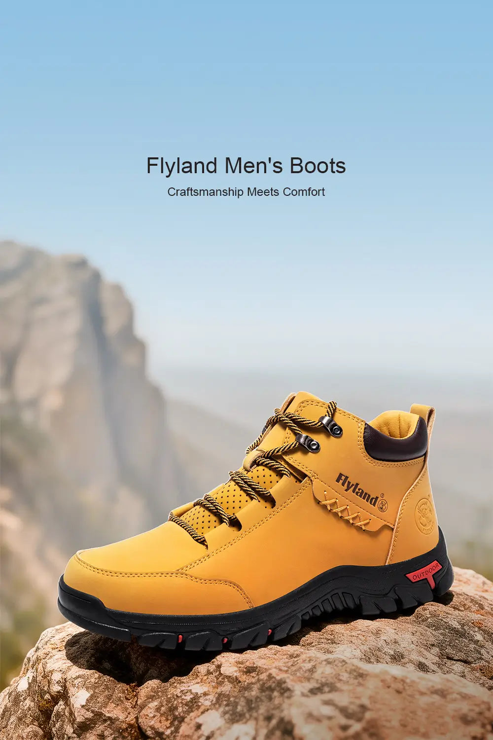 Mobile homepage banner of Flyland Land7728 men's boots. Lightweight and durable yellow leather boots perfectly suited for hiking and daily casual wear.