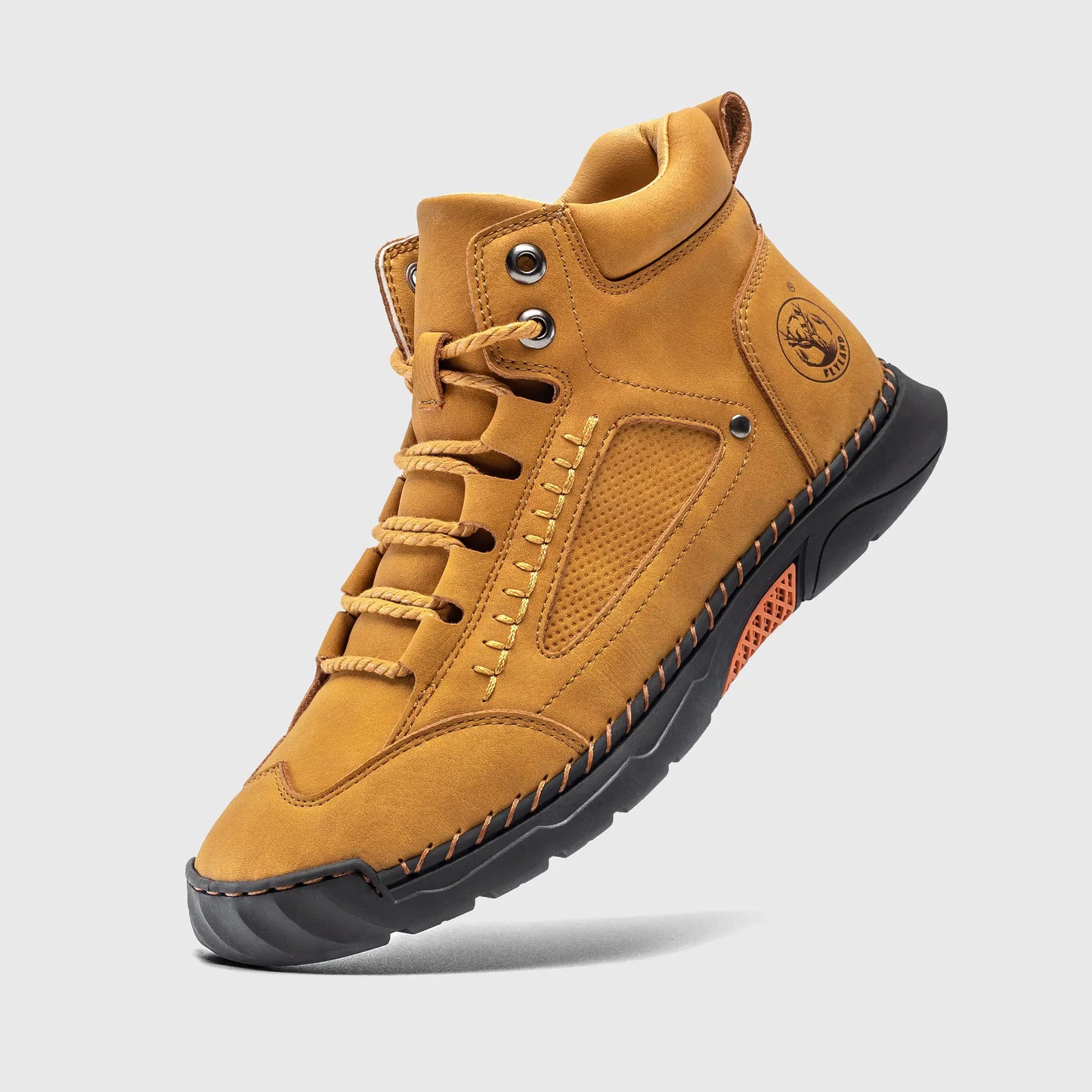 Floating view of Flyland wheat boots. A lightweight alternative to heavy work boots with a soft toe design.